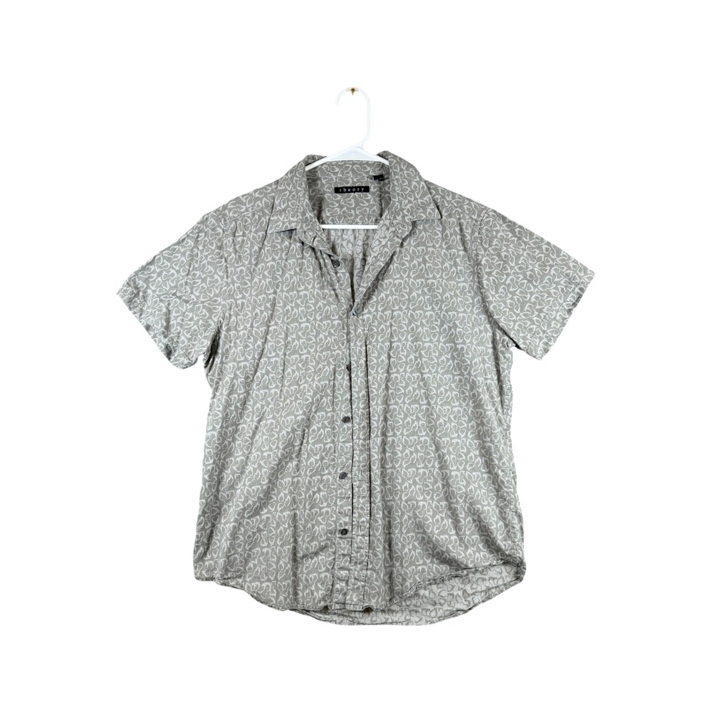 Theory Mens Large Short Sleeve Button Down Shirt Grey Abstract Geometric Print